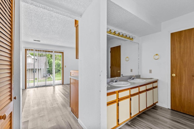 1 Memory Ln Unit 1, Branson, MO 65616 - bathroom with a textured ceiling, wood finished floors, and double vanity