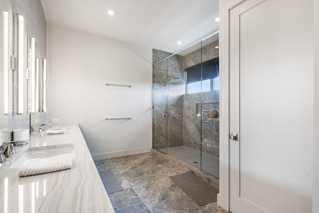 355 Catalina Dr, Branson, MO 65616 - full bath with double vanity, a marble finish shower, and recessed lighting