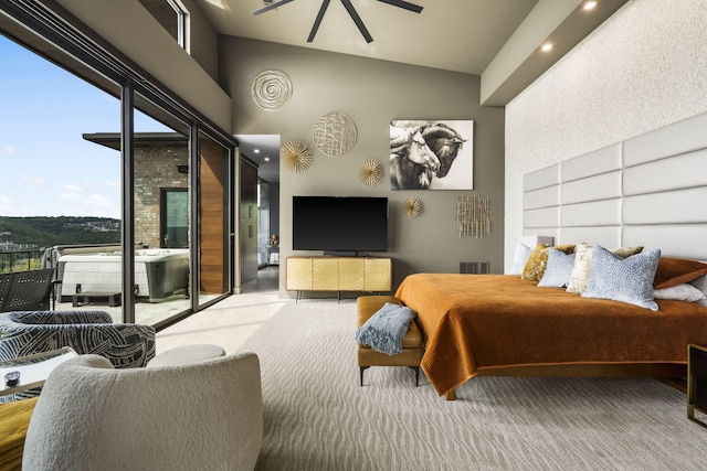 355 Catalina Dr, Branson, MO 65616 - carpeted bedroom with a towering ceiling, access to outside, and recessed lighting