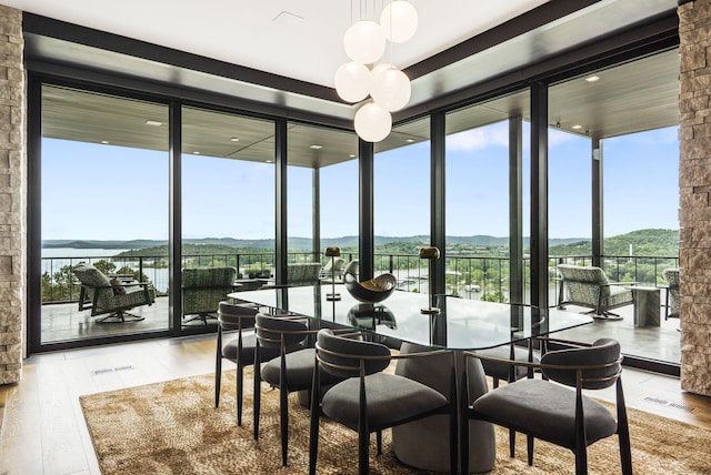 355 Catalina Dr, Branson, MO 65616 - dining space featuring a mountain view, floor to ceiling windows, and wood finished floors