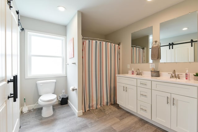 2823 E Catalpa St, Springfield, MO 65804 - bathroom with wood finished floors, double vanity, recessed lighting, and a shower with shower curtain