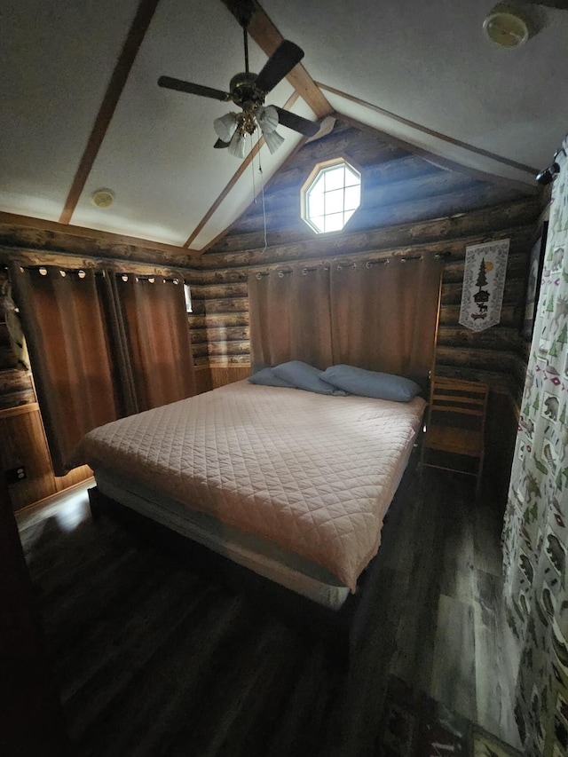 462 Jellystone Ave, Hollister, MO 65672 - bedroom with rustic walls, wood finished floors, vaulted ceiling, and a ceiling fan