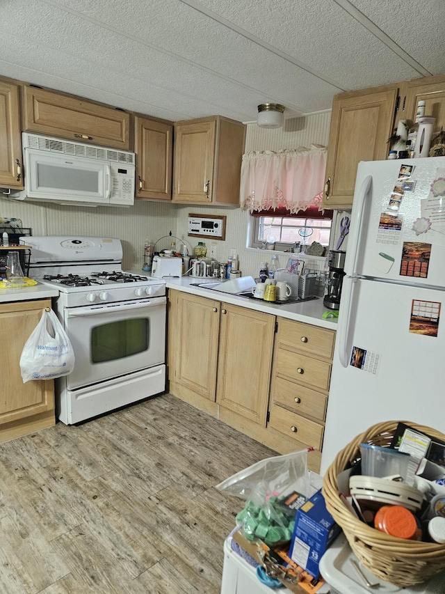 462 Jellystone Ave, Hollister, MO 65672 - kitchen featuring white appliances, light wood-style floors, light countertops, a textured ceiling, and light brown cabinets