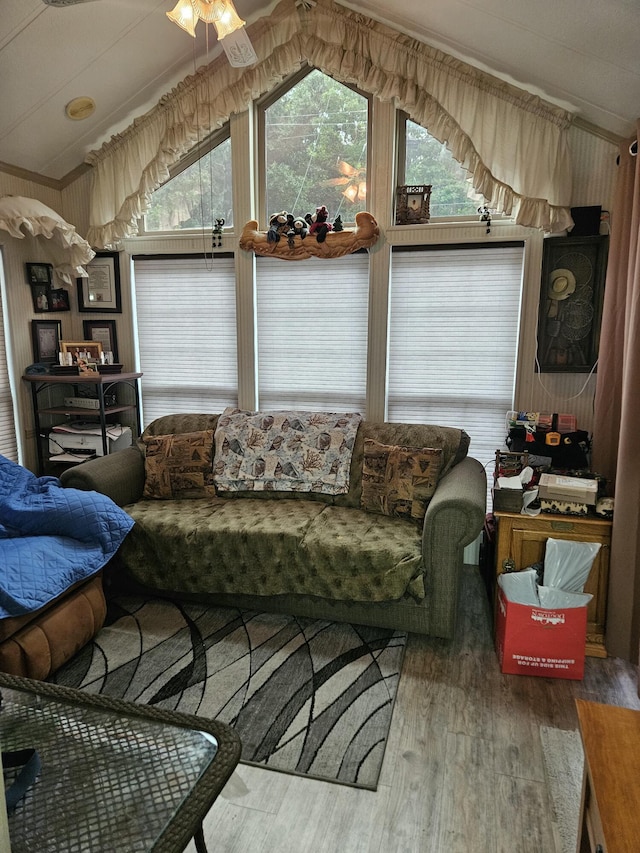 462 Jellystone Ave, Hollister, MO 65672 - living room featuring lofted ceiling, wood finished floors, healthy amount of natural light, crown molding, and ceiling fan