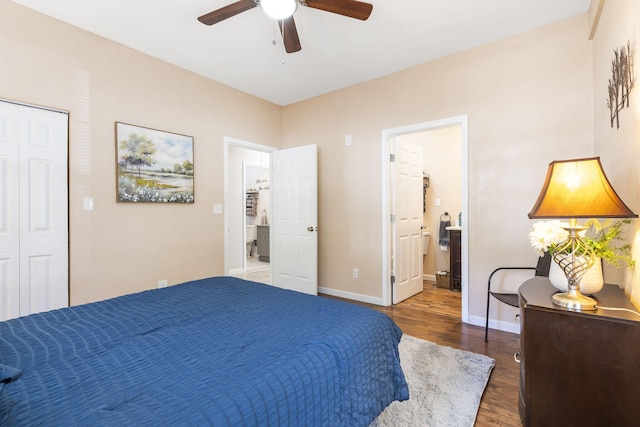 19899 E 1820th Rd, Fair Play, MO 65649 - bedroom featuring wood finished floors, ensuite bathroom, and a ceiling fan
