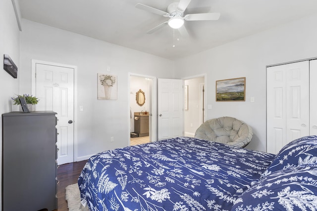 19899 E 1820th Rd, Fair Play, MO 65649 - bedroom with wood finished floors, a closet, ceiling fan, and connected bathroom