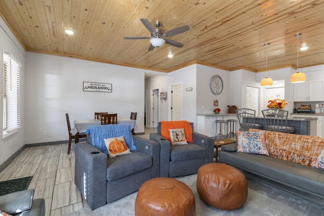 19899 E 1820th Rd, Fair Play, MO 65649 - living area with crown molding, recessed lighting, wood ceiling, and ceiling fan