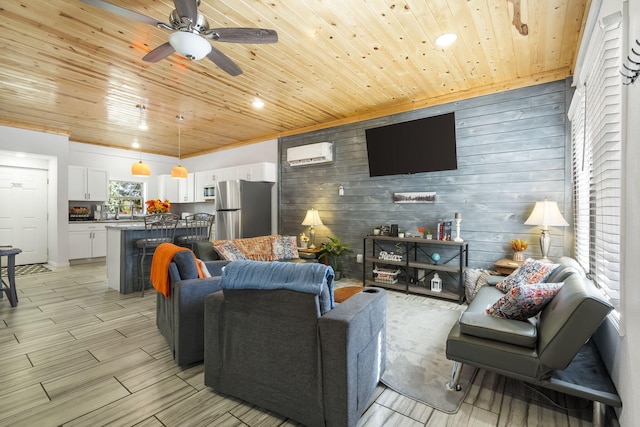 19899 E 1820th Rd, Fair Play, MO 65649 - living room featuring wood ceiling, wooden walls, ceiling fan, recessed lighting, and a wall mounted air conditioner