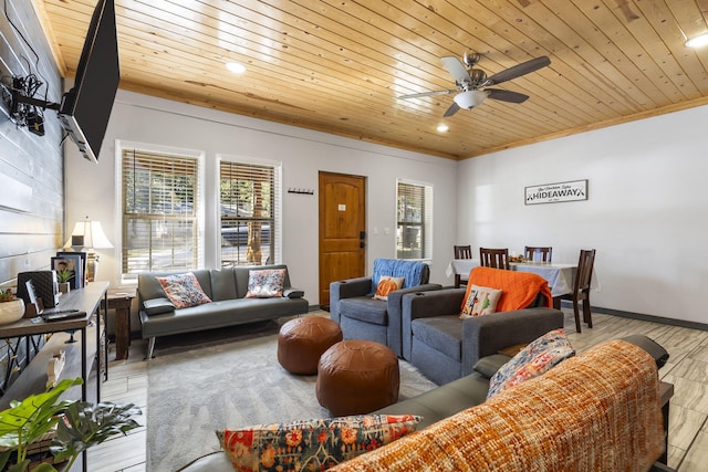 19899 E 1820th Rd, Fair Play, MO 65649 - living area featuring wood finished floors, a ceiling fan, wood ceiling, recessed lighting, and crown molding