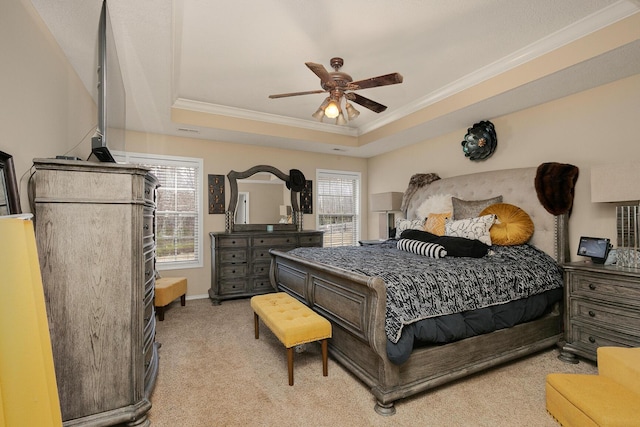 3223 W Melbourne St, Springfield, MO 65810 - bedroom with light carpet, ornamental molding, a raised ceiling, and a ceiling fan