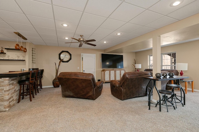 3223 W Melbourne St, Springfield, MO 65810 - carpeted living room with a bar, a drop ceiling, recessed lighting, and a ceiling fan