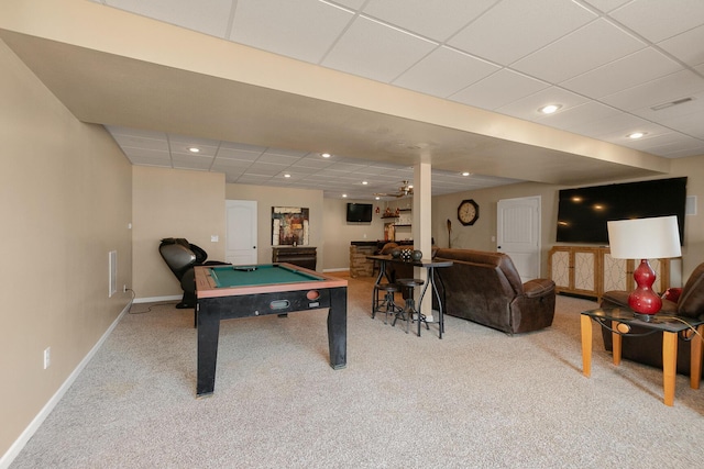 3223 W Melbourne St, Springfield, MO 65810 - rec room featuring pool table, carpet flooring, a drop ceiling, and recessed lighting