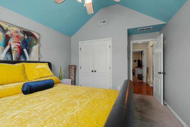 3223 W Melbourne St, Springfield, MO 65810 - carpeted bedroom with a closet, vaulted ceiling, and a ceiling fan