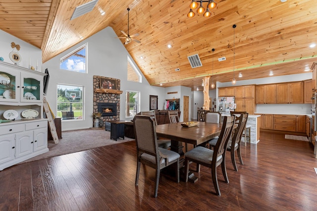 770 Mills Hollow Rd, Branson, MO 65616 - dining area featuring high vaulted ceiling, a fireplace, dark wood-style floors, a ceiling fan, and wooden ceiling