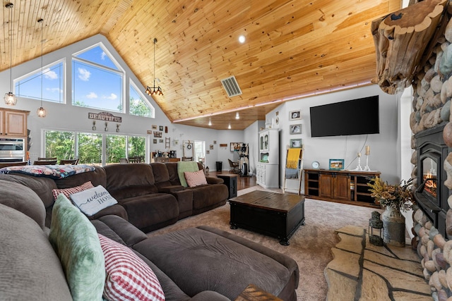 770 Mills Hollow Rd, Branson, MO 65616 - living area with wooden ceiling, high vaulted ceiling, and carpet