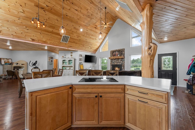 770 Mills Hollow Rd, Branson, MO 65616 - kitchen featuring black electric stovetop, open floor plan, a stone fireplace, high vaulted ceiling, and light countertops