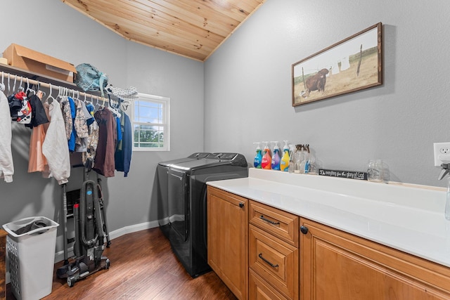 770 Mills Hollow Rd, Branson, MO 65616 - laundry area with separate washer and dryer, cabinet space, dark wood-type flooring, and wooden ceiling