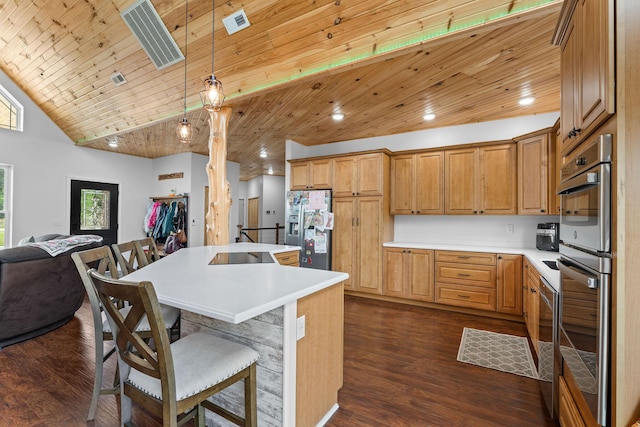 770 Mills Hollow Rd, Branson, MO 65616 - kitchen with stainless steel appliances, wood ceiling, light countertops, dark wood-type flooring, and hanging light fixtures