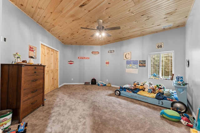 770 Mills Hollow Rd, Branson, MO 65616 - game room featuring carpet, wooden ceiling, and ceiling fan