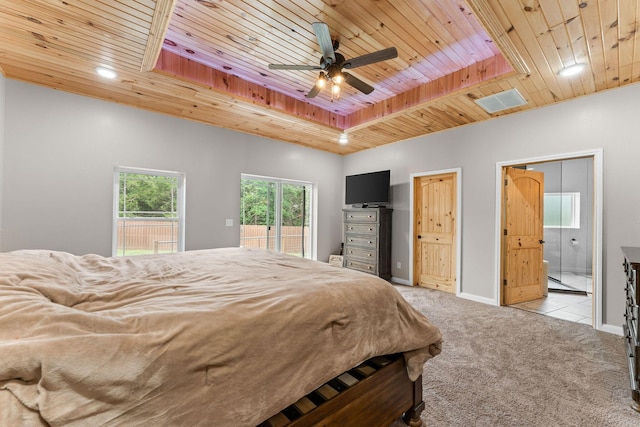 770 Mills Hollow Rd, Branson, MO 65616 - bedroom featuring wooden ceiling, access to outside, light colored carpet, a raised ceiling, and ensuite bath