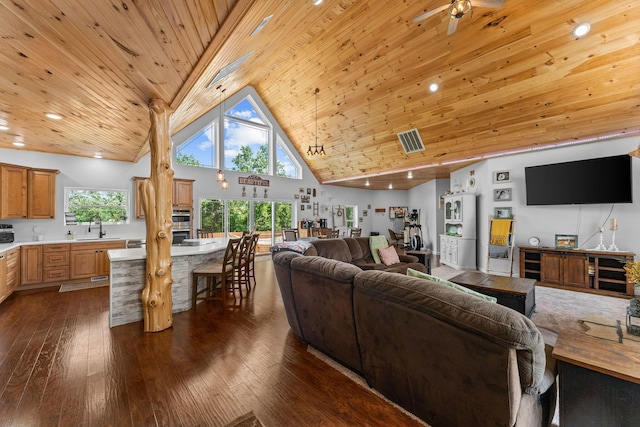 770 Mills Hollow Rd, Branson, MO 65616 - living area with wooden ceiling, high vaulted ceiling, dark wood-style floors, healthy amount of natural light, and a ceiling fan