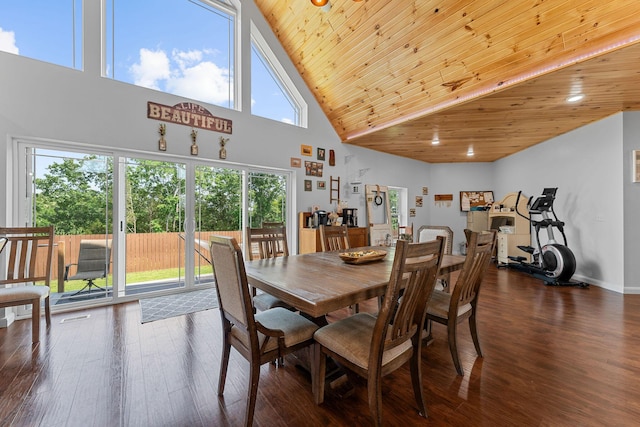 770 Mills Hollow Rd, Branson, MO 65616 - dining room with high vaulted ceiling, wooden ceiling, and wood finished floors