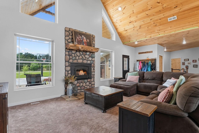 770 Mills Hollow Rd, Branson, MO 65616 - living room with high vaulted ceiling, wood ceiling, carpet, and a fireplace
