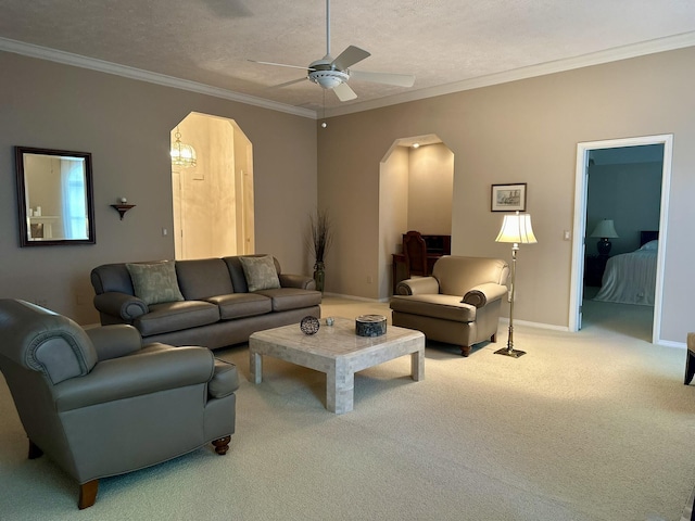 3454 W Countryside Dr, Springfield, MO 65807 - living area with arched walkways, light carpet, ceiling fan, and crown molding