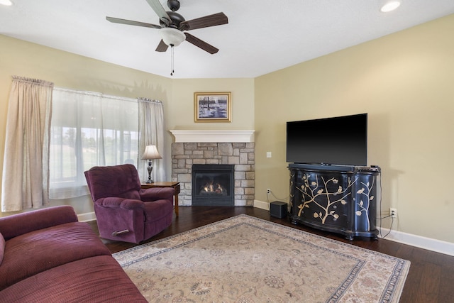 715 S Oak Terrace Dr, Nixa, MO 65714 - living room featuring ceiling fan, wood finished floors, a fireplace, and recessed lighting