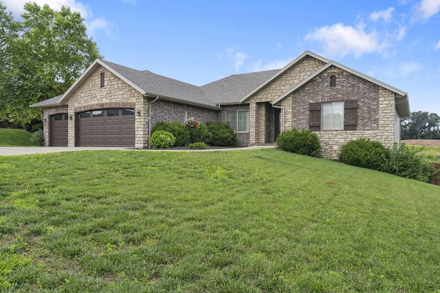 715 S Oak Terrace Dr, Nixa, MO 65714 - view of front of house with a garage, a front lawn, a shingled roof, and stone siding