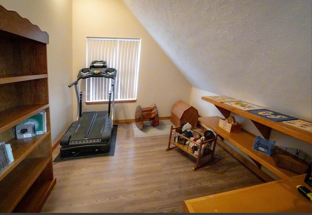 9396 Lawrence Unit 2040, Miller, MO 65707 - workout room with lofted ceiling, a textured ceiling, and wood finished floors