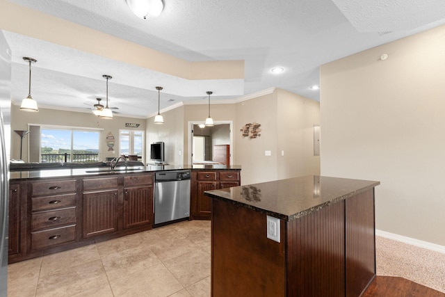 200 Majestic Dr Unit 1-303, Branson, MO 65616 - kitchen with dishwasher, a ceiling fan, crown molding, a kitchen island, and dark brown cabinetry