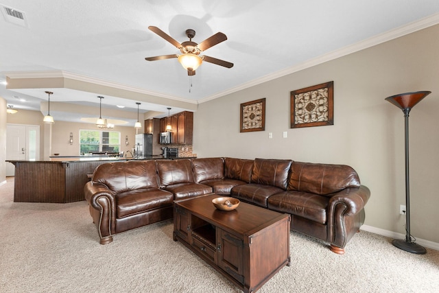 200 Majestic Dr Unit 1-303, Branson, MO 65616 - living area featuring light carpet, ceiling fan, and ornamental molding