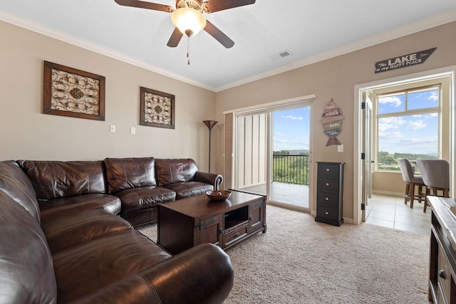 200 Majestic Dr Unit 1-303, Branson, MO 65616 - living room with ornamental molding, a ceiling fan, and light colored carpet