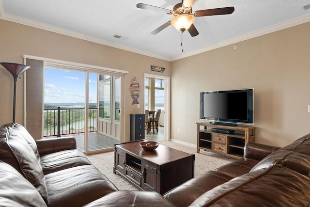 200 Majestic Dr Unit 1-303, Branson, MO 65616 - living area featuring light colored carpet, crown molding, and a ceiling fan