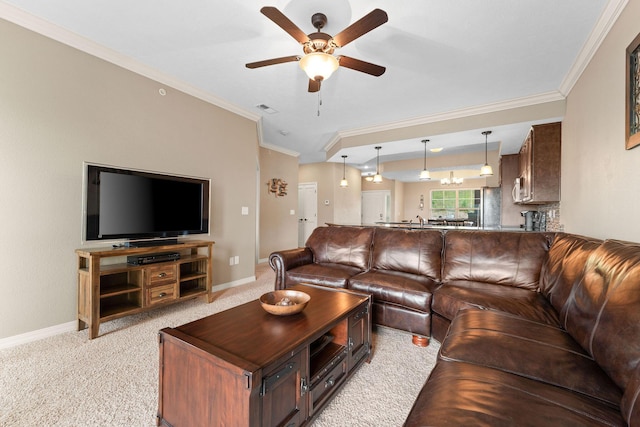200 Majestic Dr Unit 1-303, Branson, MO 65616 - living area featuring a ceiling fan, crown molding, and light carpet