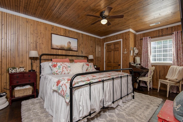 14 Little Creek Ln, Kimberling City, MO 65686 - bedroom with crown molding, wood walls, wood finished floors, wood ceiling, and a ceiling fan