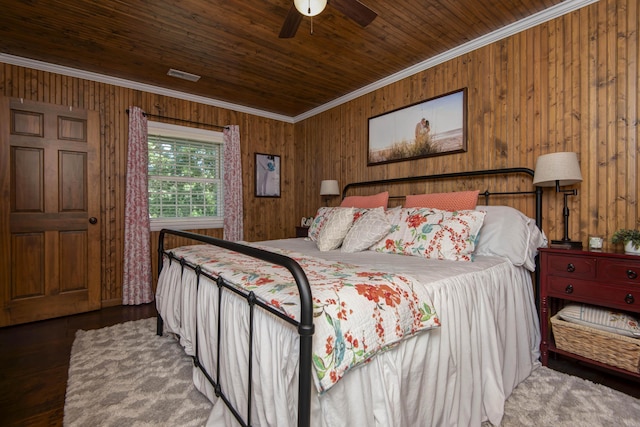 14 Little Creek Ln, Kimberling City, MO 65686 - bedroom featuring ornamental molding, wood walls, ceiling fan, and wood ceiling