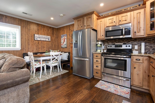 14 Little Creek Ln, Kimberling City, MO 65686 - kitchen featuring appliances with stainless steel finishes, open floor plan, backsplash, glass insert cabinets, and dark wood finished floors