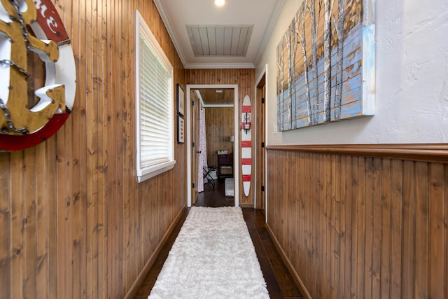 14 Little Creek Ln, Kimberling City, MO 65686 - corridor with wooden walls, wood finished floors, ornamental molding, and wainscoting