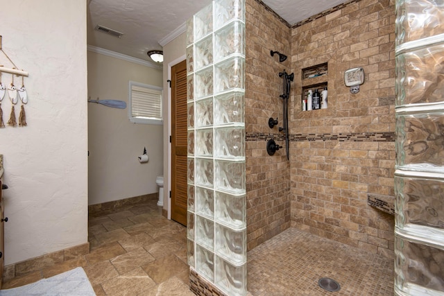 14 Little Creek Ln, Kimberling City, MO 65686 - bathroom featuring stone tile flooring, walk in shower, and crown molding