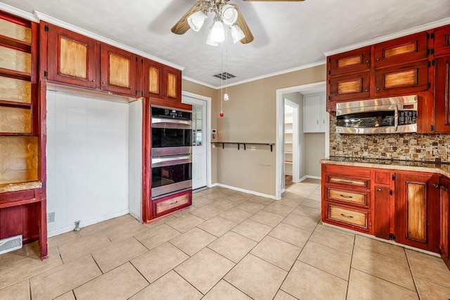 829 W Highland St, Springfield, MO 65807 - kitchen with stainless steel appliances, a ceiling fan, decorative backsplash, light tile patterned flooring, and crown molding