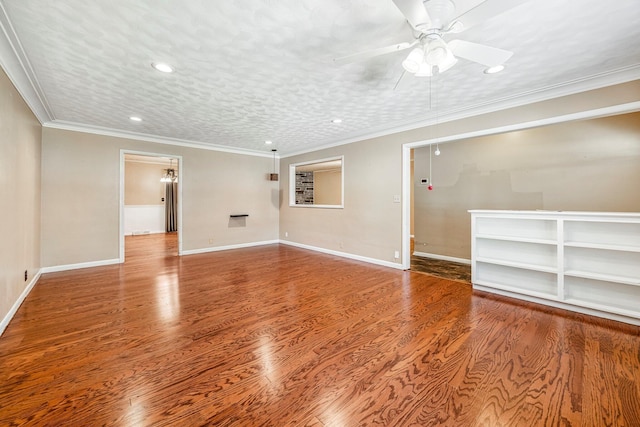 829 W Highland St, Springfield, MO 65807 - unfurnished living room featuring recessed lighting, ceiling fan, crown molding, and wood finished floors