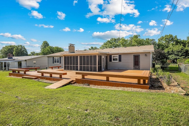 829 W Highland St, Springfield, MO 65807 - rear view of house with a sunroom, a deck, and a chimney