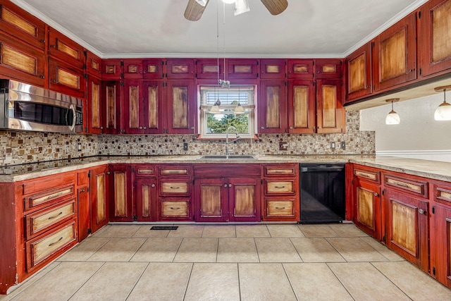 829 W Highland St, Springfield, MO 65807 - kitchen featuring stainless steel microwave, dishwasher, backsplash, reddish brown cabinets, and a ceiling fan