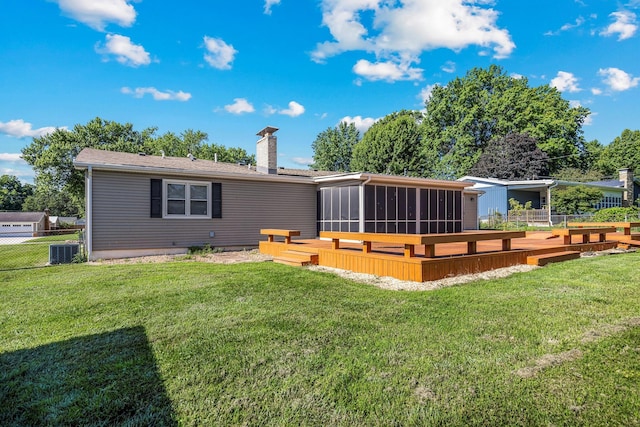 829 W Highland St, Springfield, MO 65807 - back of property with a sunroom, a chimney, and a wooden deck