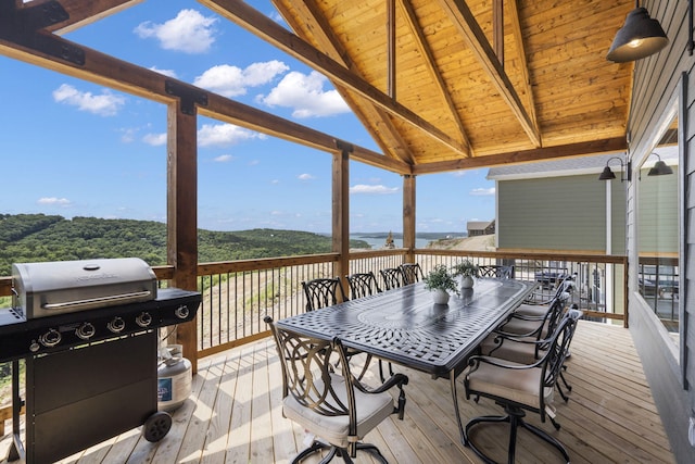 34 Shellie Ln, Branson, MO 65616 - wooden terrace featuring a grill, a water view, and outdoor dining area