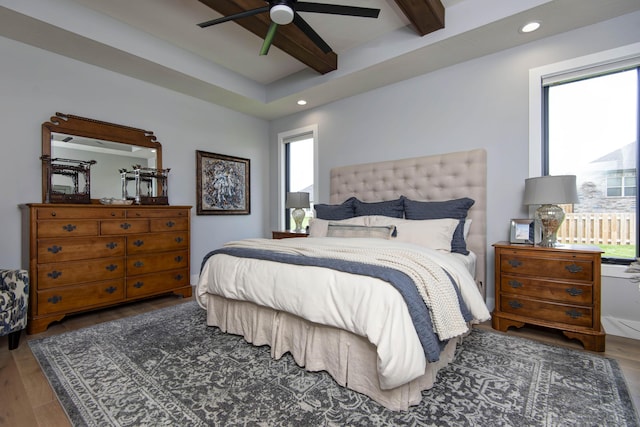 1510 N Lake Edge Dr, Springfield, MO 65802 - bedroom featuring wood finished floors, beam ceiling, recessed lighting, and a ceiling fan