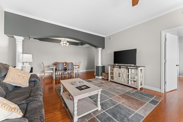 110 Cottonwood Trl Unit 2D, Branson, MO 65616 - living area featuring arched walkways, decorative columns, ornamental molding, and wood-type flooring
