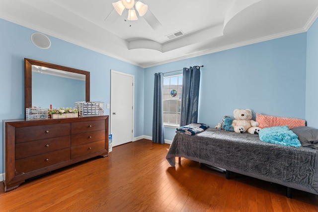 110 Cottonwood Trl Unit 2D, Branson, MO 65616 - bedroom with a raised ceiling, wood finished floors, ornamental molding, and a ceiling fan